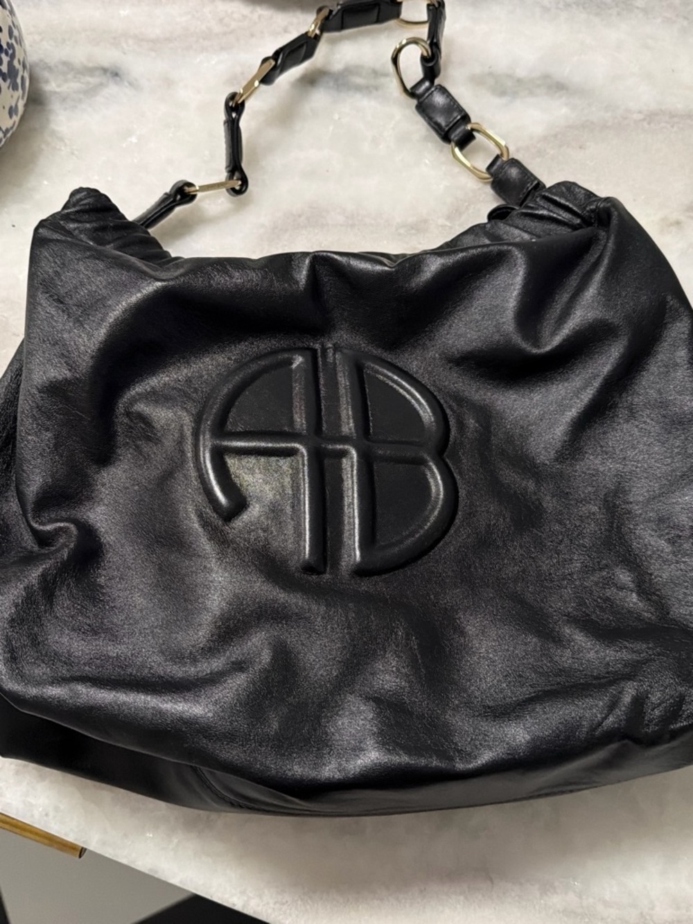 Anine Bing Black Leather Shoulder Bag with Embossed Logo
